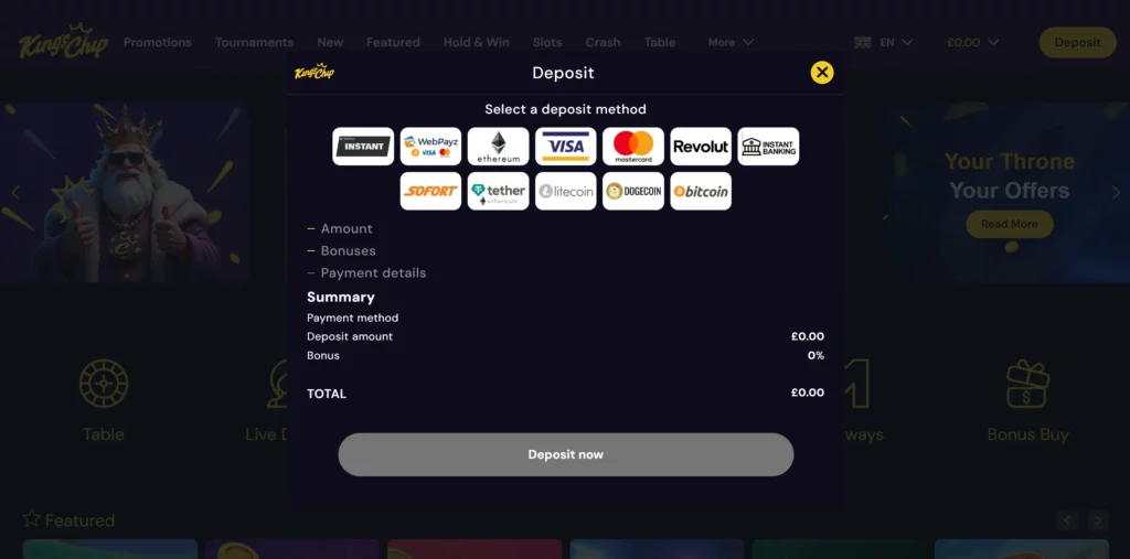 Deposit methods on King's Chip Casino.