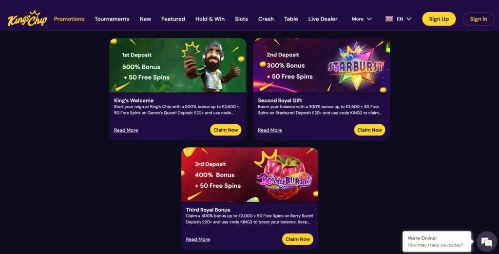 Bonus deposit codes on King's Chip.